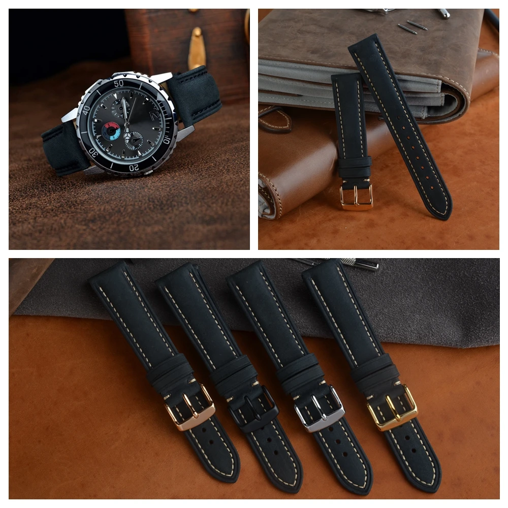 Ремешок Anbeer замшевый для мужских и женских часов кожаный черный браслет наручных