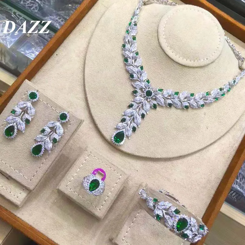 Dazz 4 шт. роскошный кубический циркон цветок ювелирный набор Нигерия Свадебная Мода Дубай свадебное женское ожерелье серьги лист ювелирные наборы