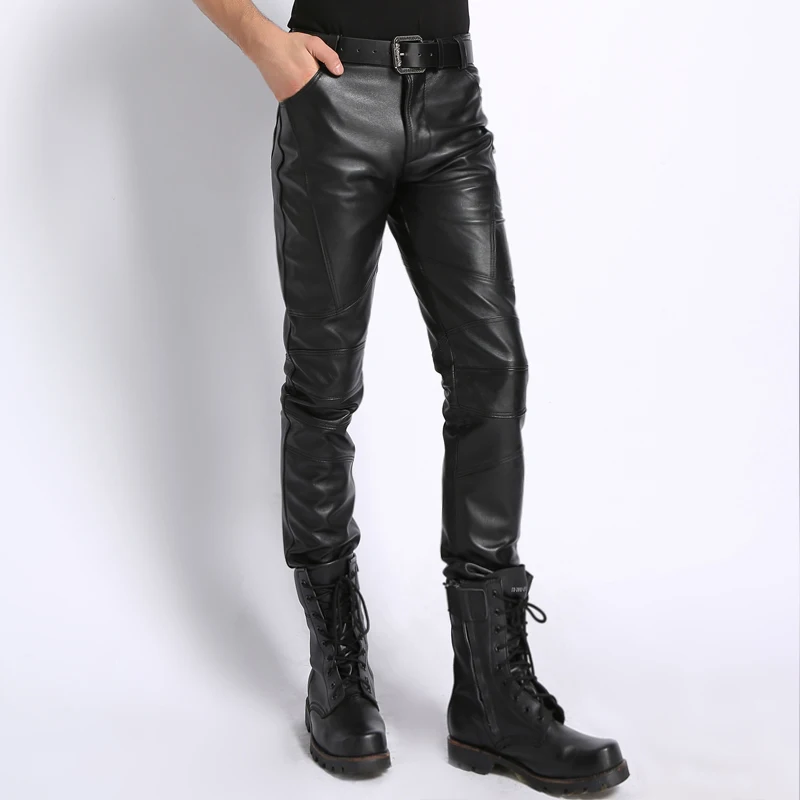 

Men's Genuine Leather Pants Natural Real Leather Sheepskin Motorcycle Biker Male Trousers Fashion Black Brand Pants Plus Size
