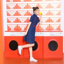 New Cheongsam Improved Version Summer New Style Young GIRL'S Hipster Cowboy Embroided Dress Cheongsam