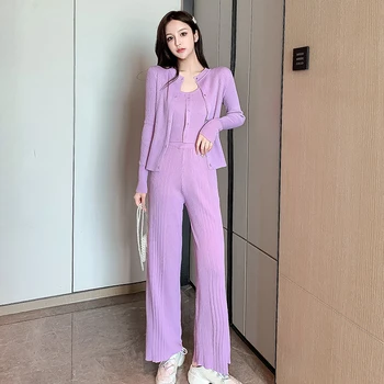 

2020 Autumn knitted tracksuit women 3piece suit clothing knit Tank Top+Cardigan+High waist Wide Leg pant female pants suit