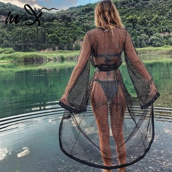 

In-X Sexy black beach dress women Shiny kaftan Summer kimono Long sleeve swimsuit female cover ups Beach wear Bathing suit new
