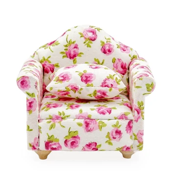 

Odoria 1:12 Miniature Single Sofa with Cushion Pink Flower Dollhouse Wooden Furniture Accessories Decor Toy Gift