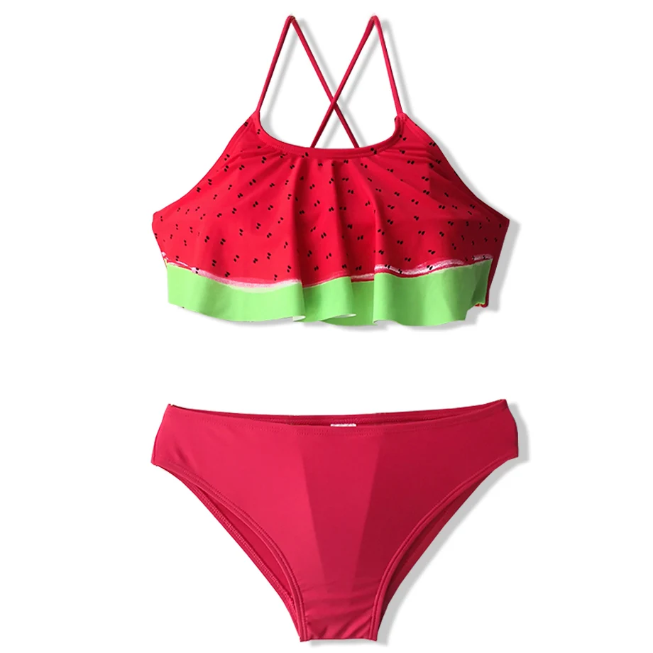 

2020 Cute Girl Swimsuit Kids Watermelon Print Teenage Girl Bikini Set 2 Piece Children's Swimwear Ruffle Big Girl Bathing Suits