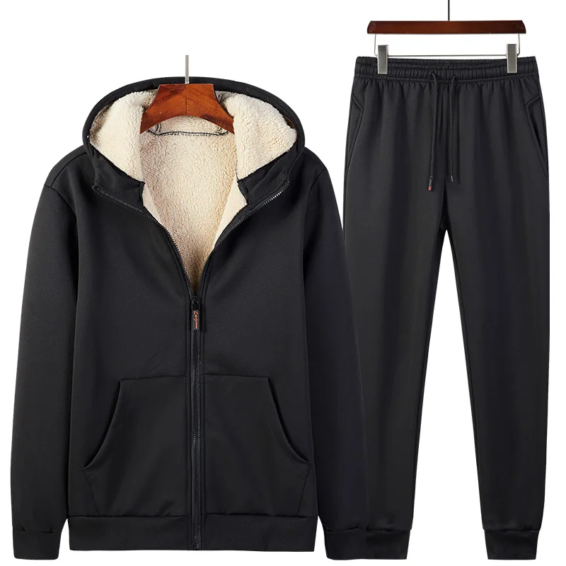 Black Suits Зимний толстый теплый спортивный костюм из искусственной овчины, мужской спортивный костюм с капюшоном, 2 предмета, куртка+ штаны, мужской комплект, спортивная одежда, спортивный костюм 4XL 5XL - Цвет: Black Suits