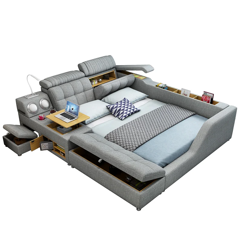Genuine Leather multifunctional massage bed frame modern Nordic camas ultimate bed With storage LED light Bluetooth speaker safe