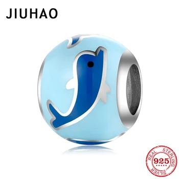 

925 Sterling Silver charms Bead Cute baby dolphin round shape blue enamel Fit Original European Charm Bracelet Jewelry making