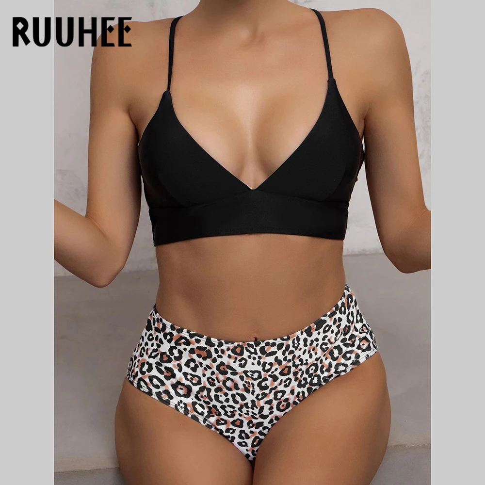 Ruuhee Women Swimsuit Ribbed High Waist Solid Push Up Bikini Sets