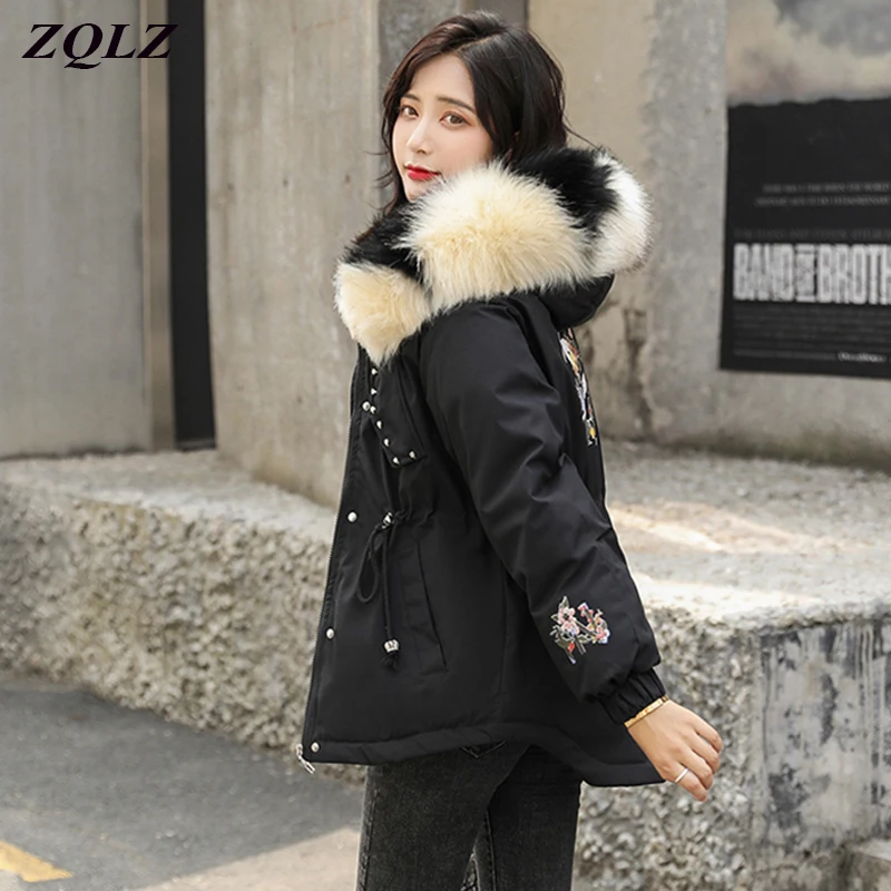 

2019 Fashion Print Winter Jacket Women Plus Size Loose Down Cotton Padded Jackets Outwear Thick Warm Fur Collar Hooded Parkas