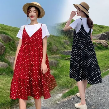 

2pcs Suit Set Summer Pregnant Women Maternity V-neck Polka Dot Strap Dress Vestidos Plus Size Casual Pregnancy Clothes Clothing