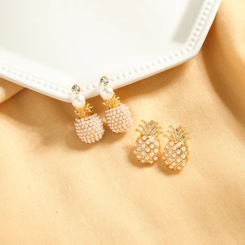 

Uer Summer Style Unique Acrylic Pearl Pineapple Drop Earrings For Women Gold Color Alloy Crystal Fruit Earrings Fashion Jewelry