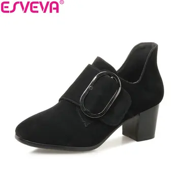 

ESVEVA 2018 Women Pumps Western Style Cow Leather PU Square High Heels Square Toe Out Door Hook&loop Ladies Shoes Size 34-43