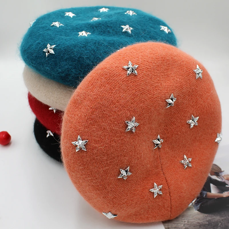 

[Rancyword] Fashion New Women Angora rabbit Solid Color Beret Female Bonnet Caps Winter All Matched Warm Walking Hat with stars