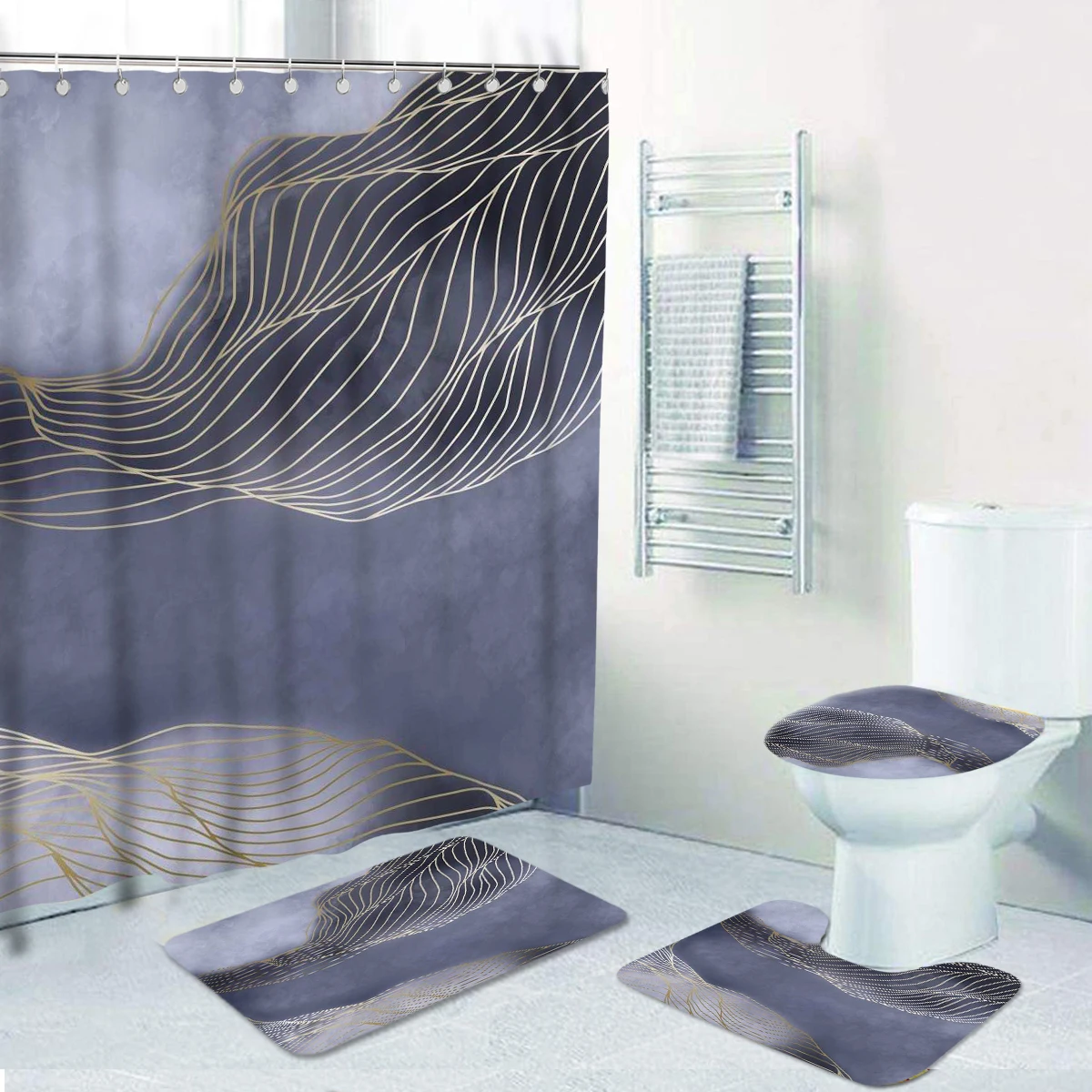 Marble Shower Curtain Fabric Bathroom Curtains Bath Mat Rug Carpet Hooks 72X72" 