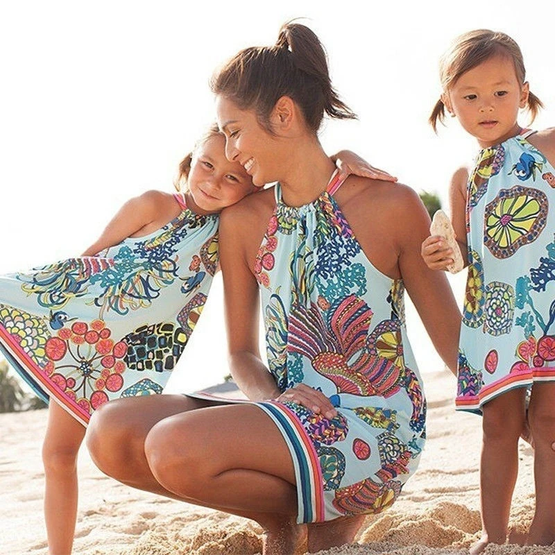 ropa mama e hija iguales ropa madre e hija Vestidos de mamá y yo sin mangas, ropa para Familia, para madres e hijas, minivestido Floral de playa, aspecto familiar|Trajes iguales de