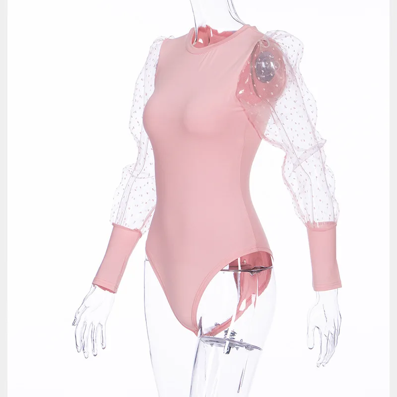 BOOFEENAA Transparent Mesh Polka Dot Puff Long Sleeve Body Suits Women Autumn Winter Tops Elegant Sexy Body Feminino C70-H86