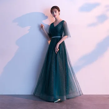 

Young Lady Novelty Green V-neck Chinese Mesh Dresses Prom Gown A-line Qipao Exquisite Maxi Dress Noble Choengsam Vestidos