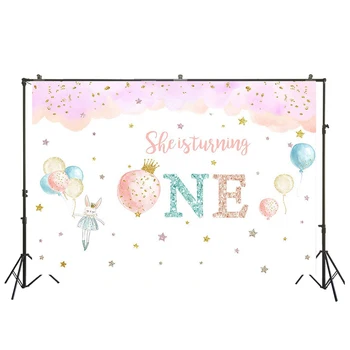 

Girl 1st Birthday Backdrop She is Turning One Party Decorations Photo Background Balloons Stars Children Birthday Decor SM-765