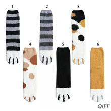 Женские зимние пушистые теплые носки-тапочки; милые чулочно-носочные изделия с принтом в виде кошачьих лап