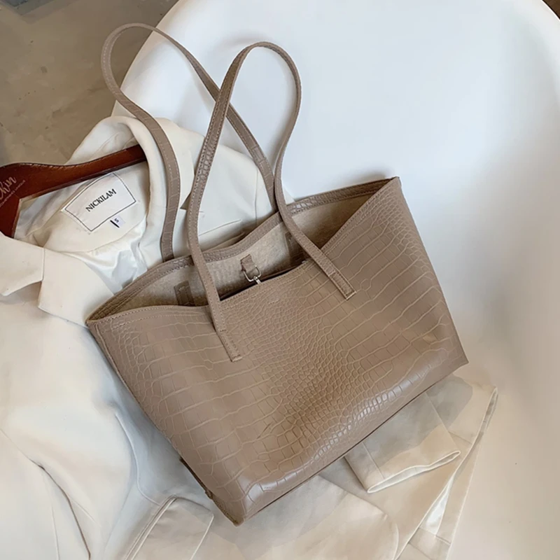 

Burminsa Vintage Crocodile Pattern Big Women Tote Bags Large Capacity Work Female Shoulder Bags High Quality PU Ladies Handbags