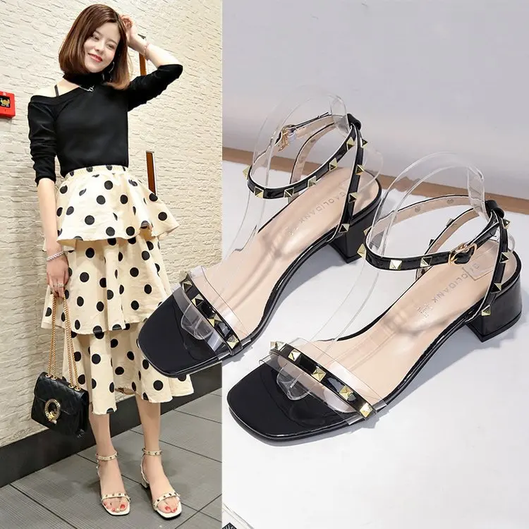 

2019 Summer New Style Rivet Versitile Fashion Cool Shoes Peep-Toe Straight-line Buckle Semi-high Heeled Chunky-Heel Rome Ladies'