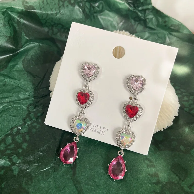 Women colorful crystal heart earrings retro elegant female earrings fashion and shiny jewelry