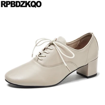 

chunky black round toe luxury casual genuine leather block lace up beige pumps medium heels thick brand women shoes 2019 autumn