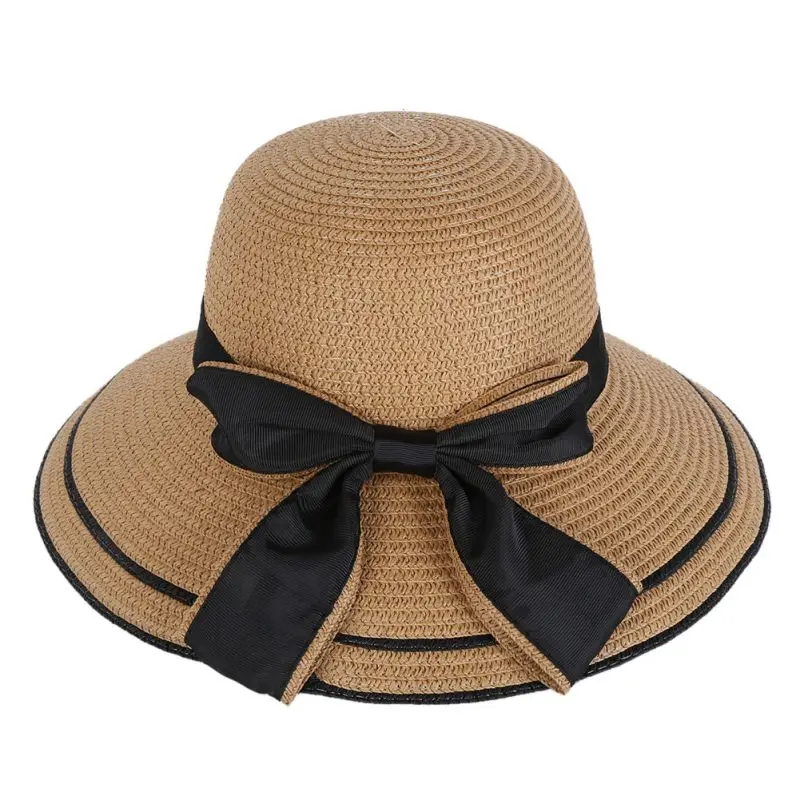 

OFashion Lady Sun Hat Wide Brim Bowknot Decorative Sunshade Folding Nylon Straw Plaiting Beach Cap Outdoor Headwear Accessories
