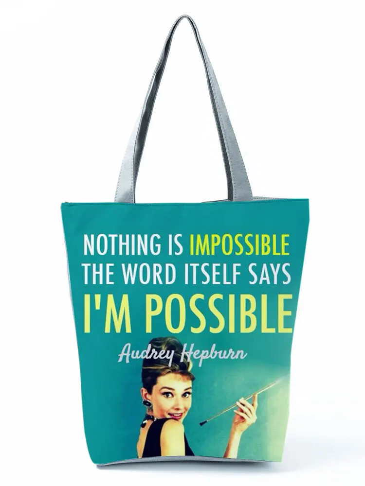 

Chic Audrey Hepburn Printed Handbag Art Retro High Capacity Women Shoulder Bag Green Eco Reusable Shopping Bag Custom Pattern