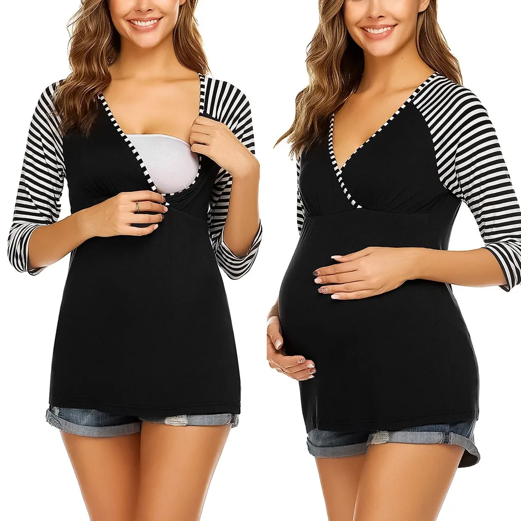 Женская одежда для беременных, 3/4 рукав, полосатый принт, топы для кормящих, рубашка для грудного кормления, осень, для беременных, Ropa premama embarazadas@ 45