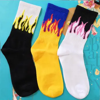 

1 Pair Men Fashion Hip Hop Hit Color On Fire Crew Socks Red Flame Blaze Power Torch Hot Warmth Street Skateboard Cotton Socks