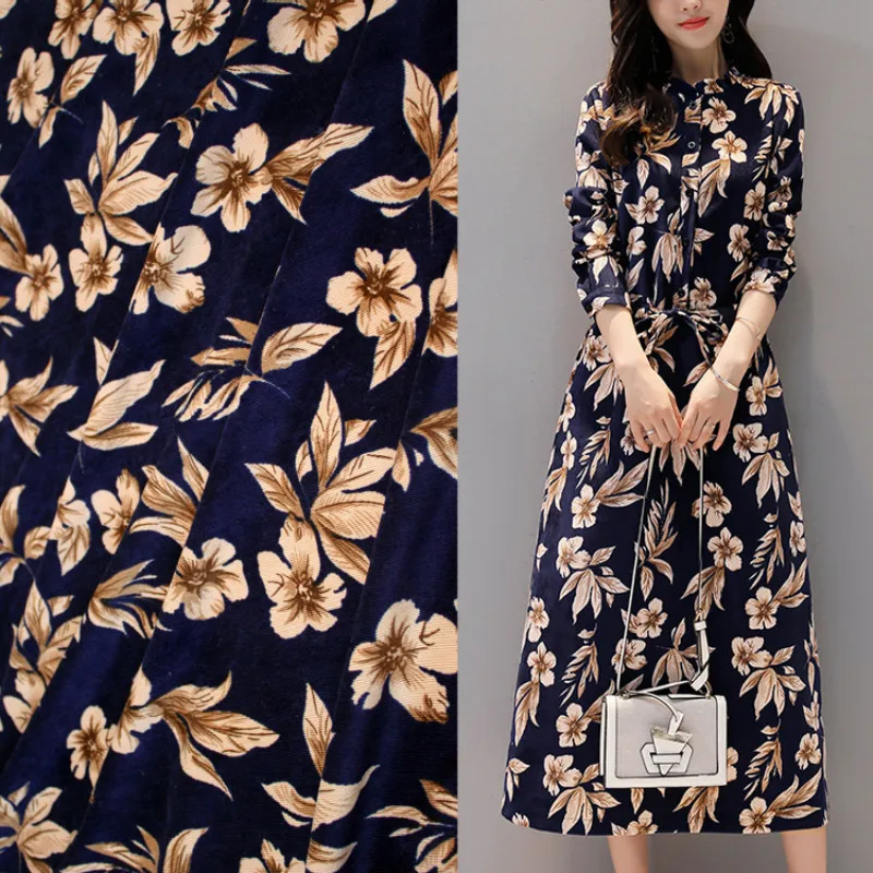 Половина метра осень зима темно-синий низ с ретро большой цветок хлопок вельвет ткань для пальто платье рубашка одежда материал T953