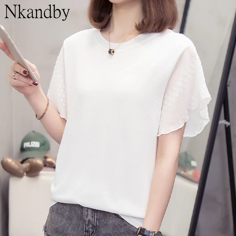 

Plus Size Knitted Tops Tshirt Women Summer Novelty Loose Chiffon Short Sleeve Patchwork Oversized Office Lady Korean T-shirt