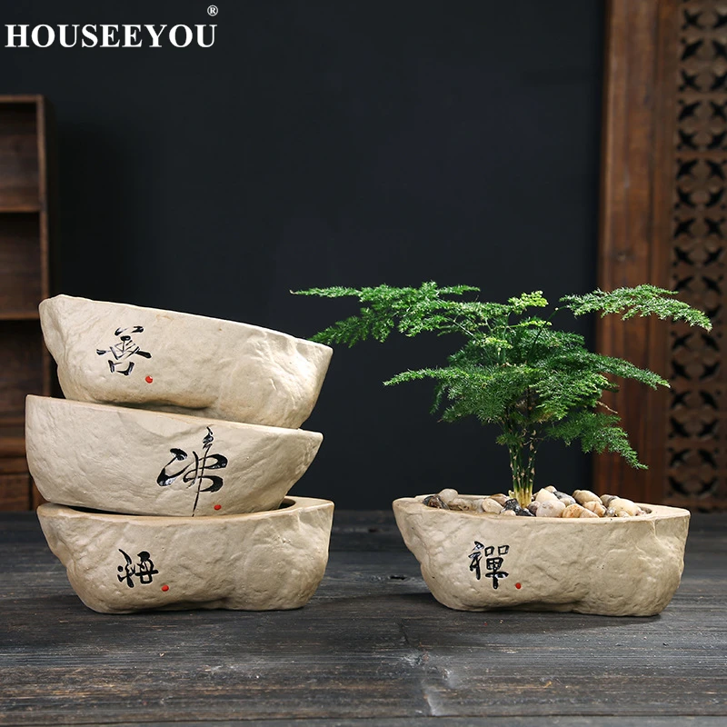 Non-porous Hydroponic Plant Flowerpot Creative Retro Stoneware Copper Money Grass Green Flower Handwritten Ceramic Bonsai terracotta plant pots