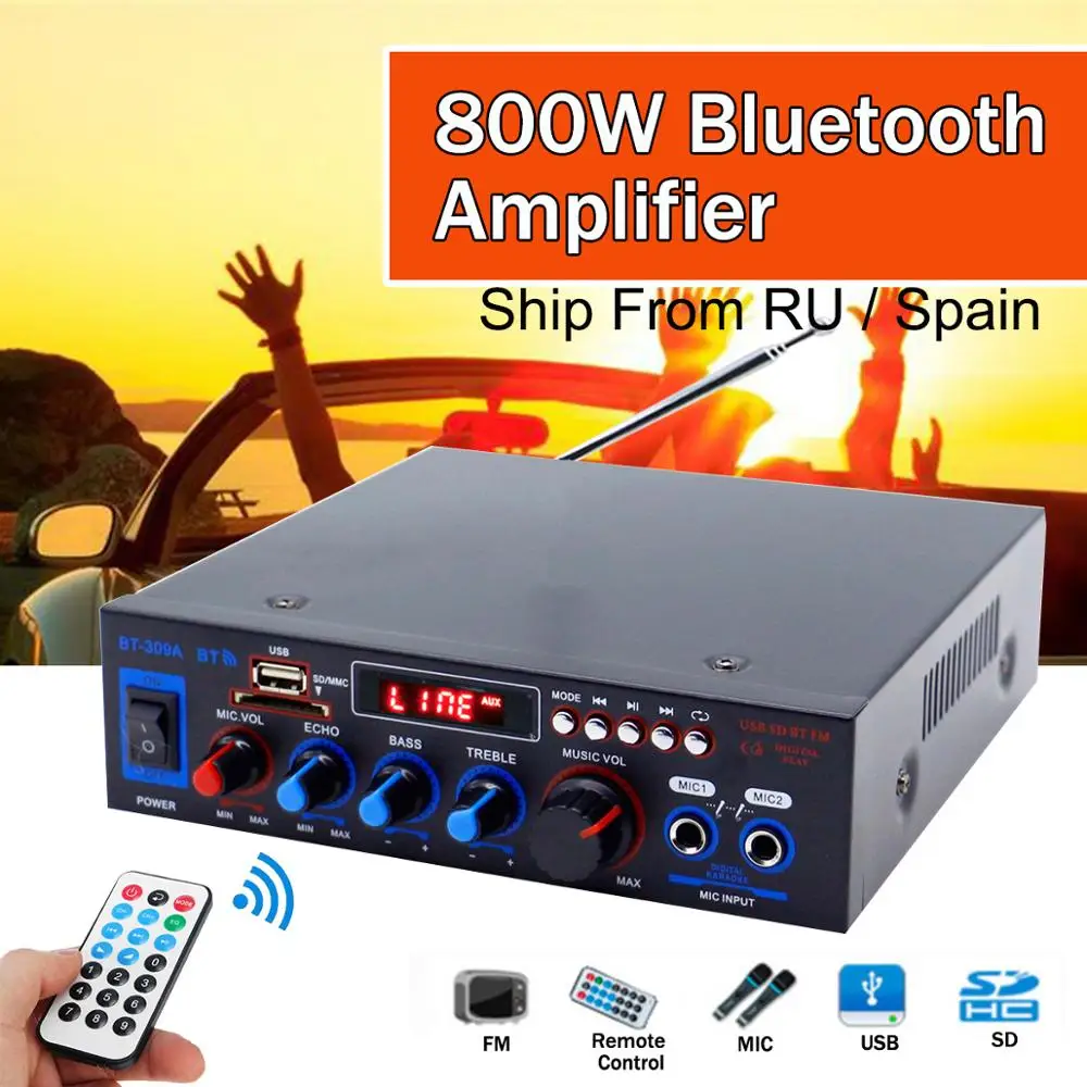 Hi Fi 2CH 800W Мощность усилитель звука bluetooth 12/220V Проекторы для домашнего кинотеатра