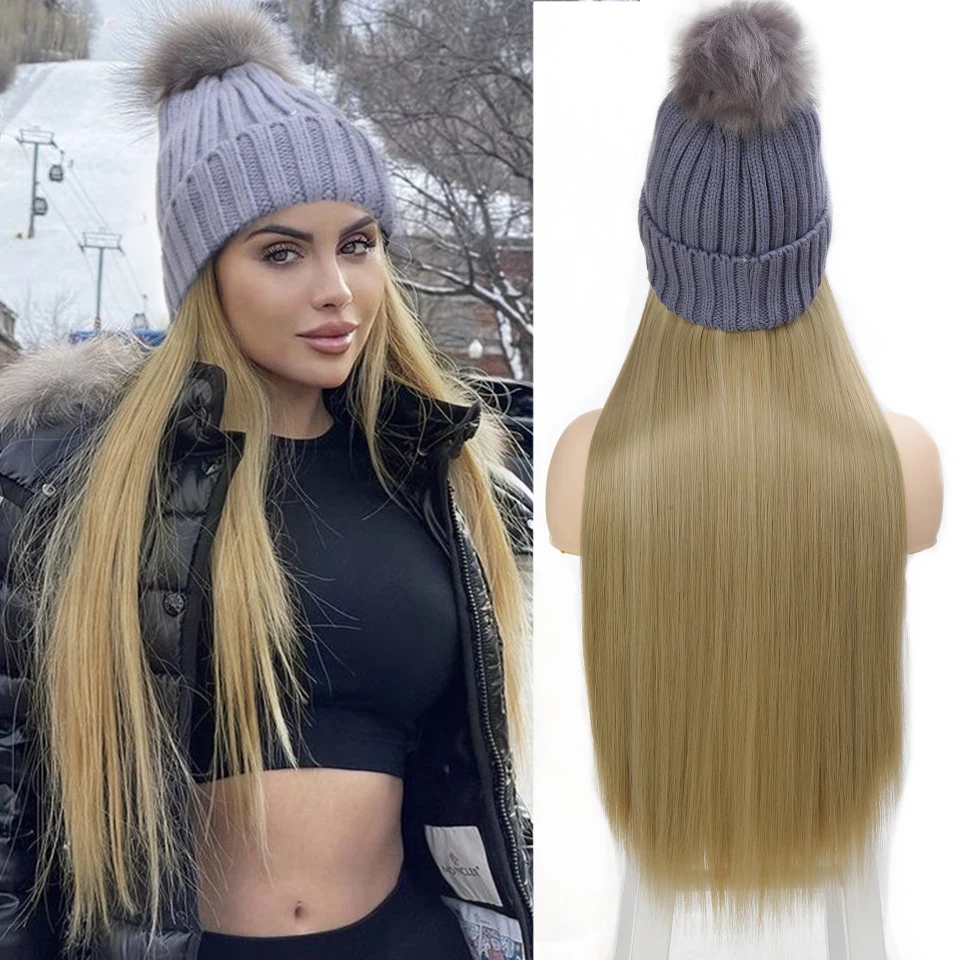 HOUYAN Knitted autumn and winter warm hat without hood wig long straight hair female golden black synthetic exte | Шиньоны и парики