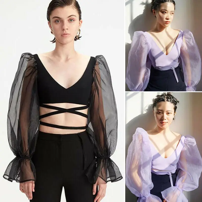

Women Sexy Tops Tees Breathable Full Solid Silk Perspective umbilical 2019 Fashion Autumn