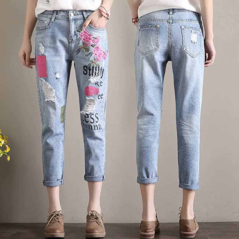 Летние свободные джинсы с дырками для женщин, весна и лето, стиль, корейский стиль, вышитые Капри, стройнящие, с принтом
