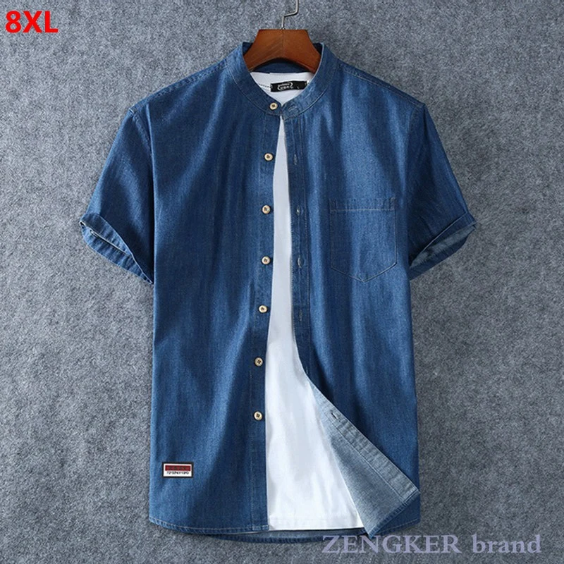 Summer Men's Plus Size Fashion Casual Round Neck Denim Short-sleeved Shirt Big Size Blue Shirt 7XL 8xl Oversized