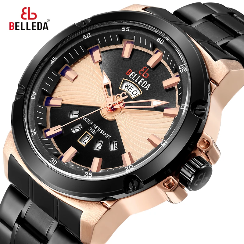 Роскошные модные брендовые мужские часы BELLEDA из розового золота спортивные