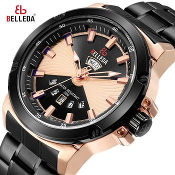 

Luxury BELLEDA Rose Gold Fashion Brand Mens Sports Analog Dual Display Steel Quartz WristWatches Watch Men Casual Watches