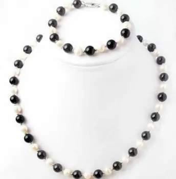 

Natural 7-8mm White Freshwater Pearl & biack agate Necklace Bracelet Jewel Set
