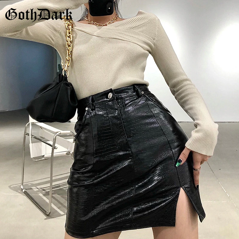 

Goth Dark Grunge Style Gothic Leather Mini Skirts Punk Black High Waisted Slit Hem Slim Short Skirt Women Streetwear Pu Bottoms