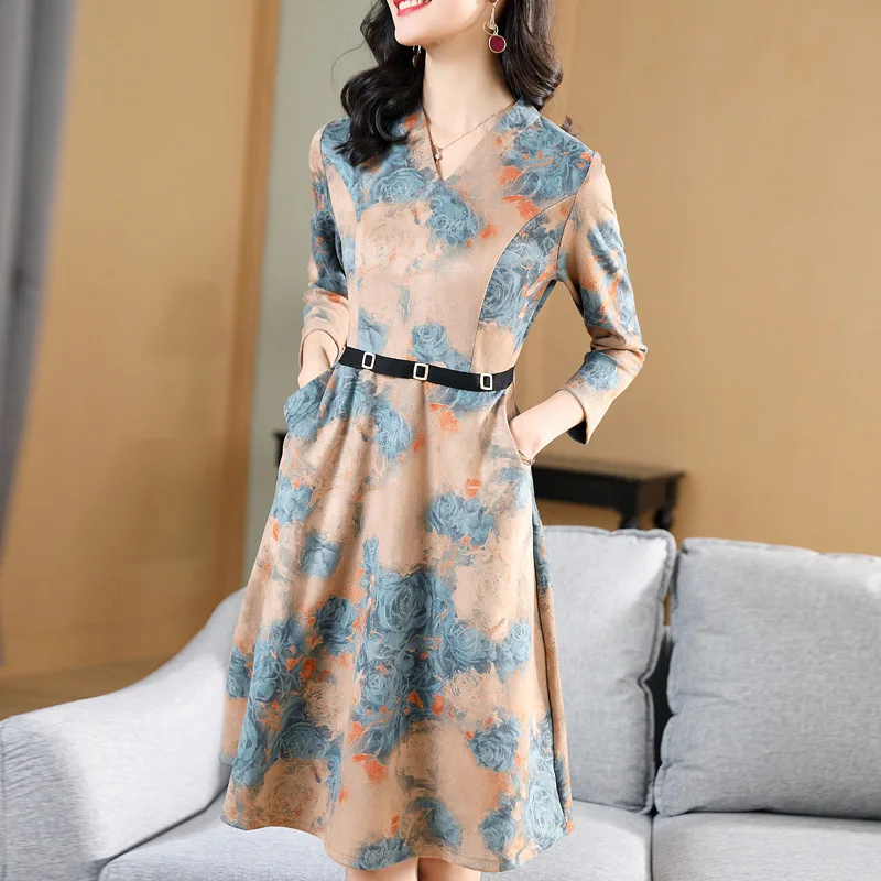 

Long-sleeved Dress Women's Autumn 2019 Mid-length Spring And Autumn High-End Elegant by Age Western Style Waist Hugging Slimming