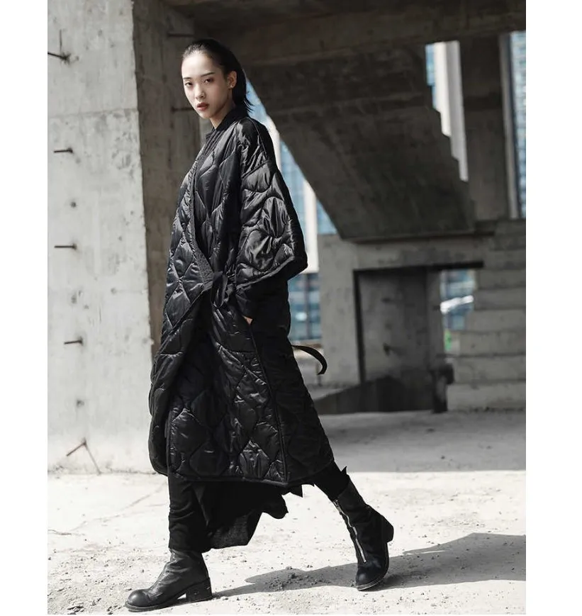 Dark Black Winter Japanese Kimono Bandage Robe Loose Long Cotton Padded Jacket Winter Warm Long Coat LM88