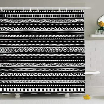 

Shower Curtain White Aztec Black Striped Pattern Ethnic Tribal Hand Vintage Folk Mexican Geometric Indian Design Waterproof