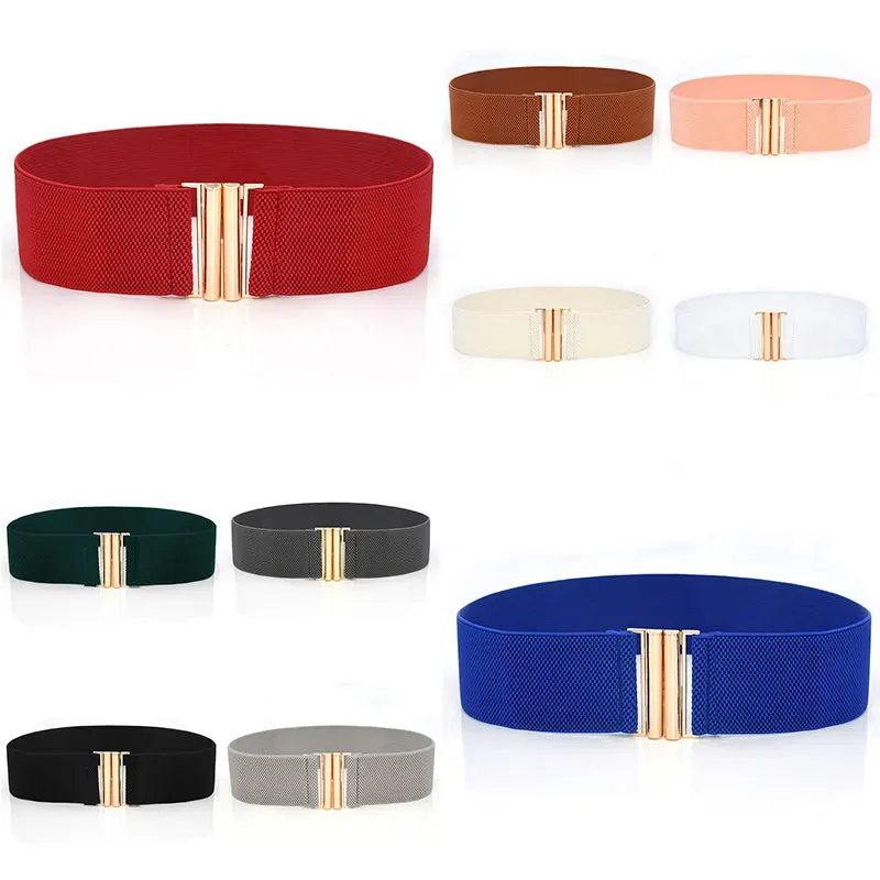 

1PC Women Elastic Waist Belt Solid Color Gold Metal Buckle Fabric Cummerbunds Strap Female Apparel Accessories Wide Corset Belt
