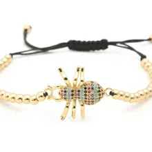 Золото серебро микро pave cz кубический цирконий Веревка Регулируемый браслет из медного бисера xr43 паук насекомое Шарм плетеные браслеты для женщин