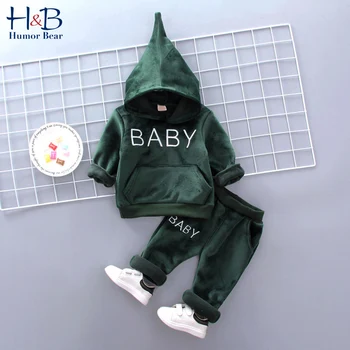 

Humor Bear Boys Children's Suit Spring & Autumn Kids Velvet Hooded Long Sleeve Tops +Trousers Overalls Baby Girls Clothes Set