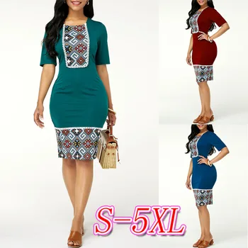 

Women Dress Boho Slim Fit OL Fashion Print Folk Bodycon Women Dress Knee-length Half Sleeve Boho Dress Spring Summer Vestidos